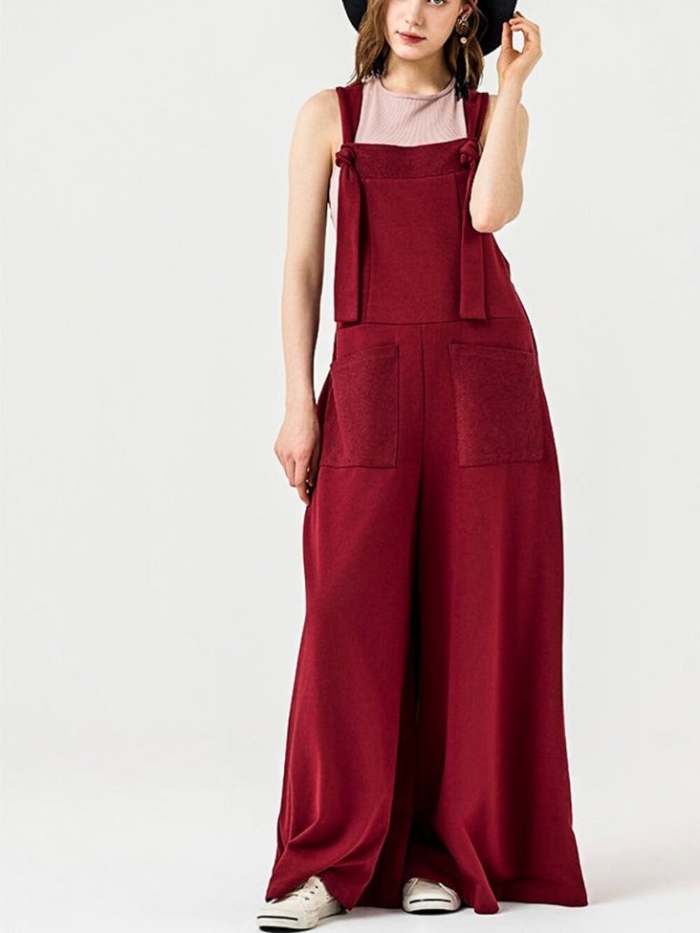 B47 French Terry Adjustable Straps Overall Jumpsuit Wide Leg Boho NEW Burgundy
